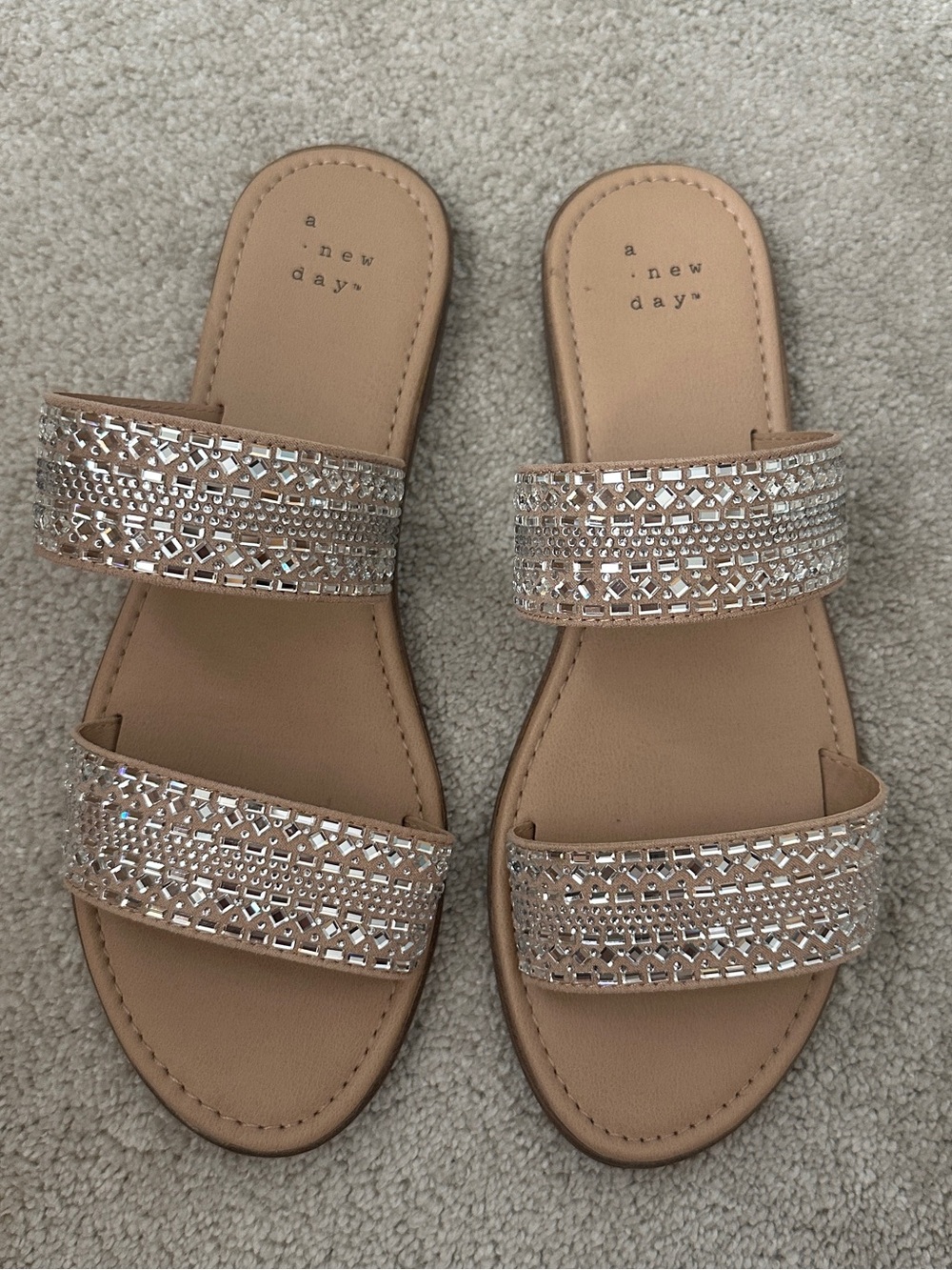 Embellished Flat Slide Sandals, Taupe color, size 8